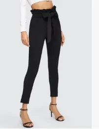 Elegant Frill Trim Bow Belted Detail Solid High Waist Pants - WanderMart Co.