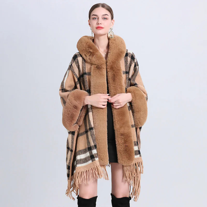 Chic Cashmere-Trimmed Plaid Inverness with Luxe Fur Collar - WanderMart Co.