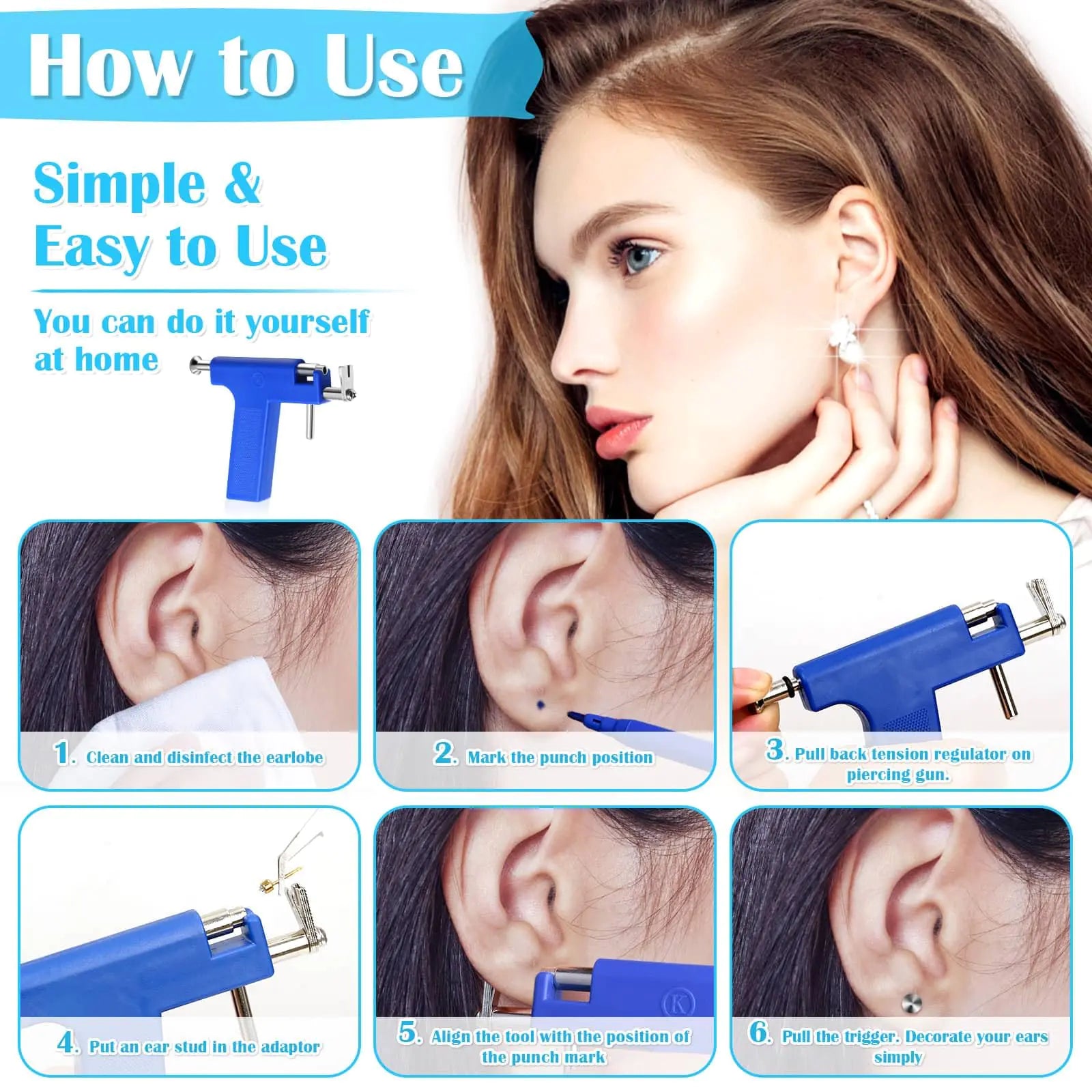 Ear Piercing Gun with Piercing Tools Kit, Professional Ear Nose Piercing Gun Machine Set for Salon At Home Piercing Blue Gun with Ear Studs - WanderMart Co.