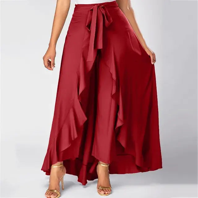 Women's Pants Solid Color Elastic High Waist Wide Leg Trousers - WanderMart Co.