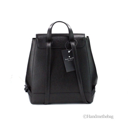 Kate Spade Madison Black Leather Medium Flap Backpack - WanderMart Co.