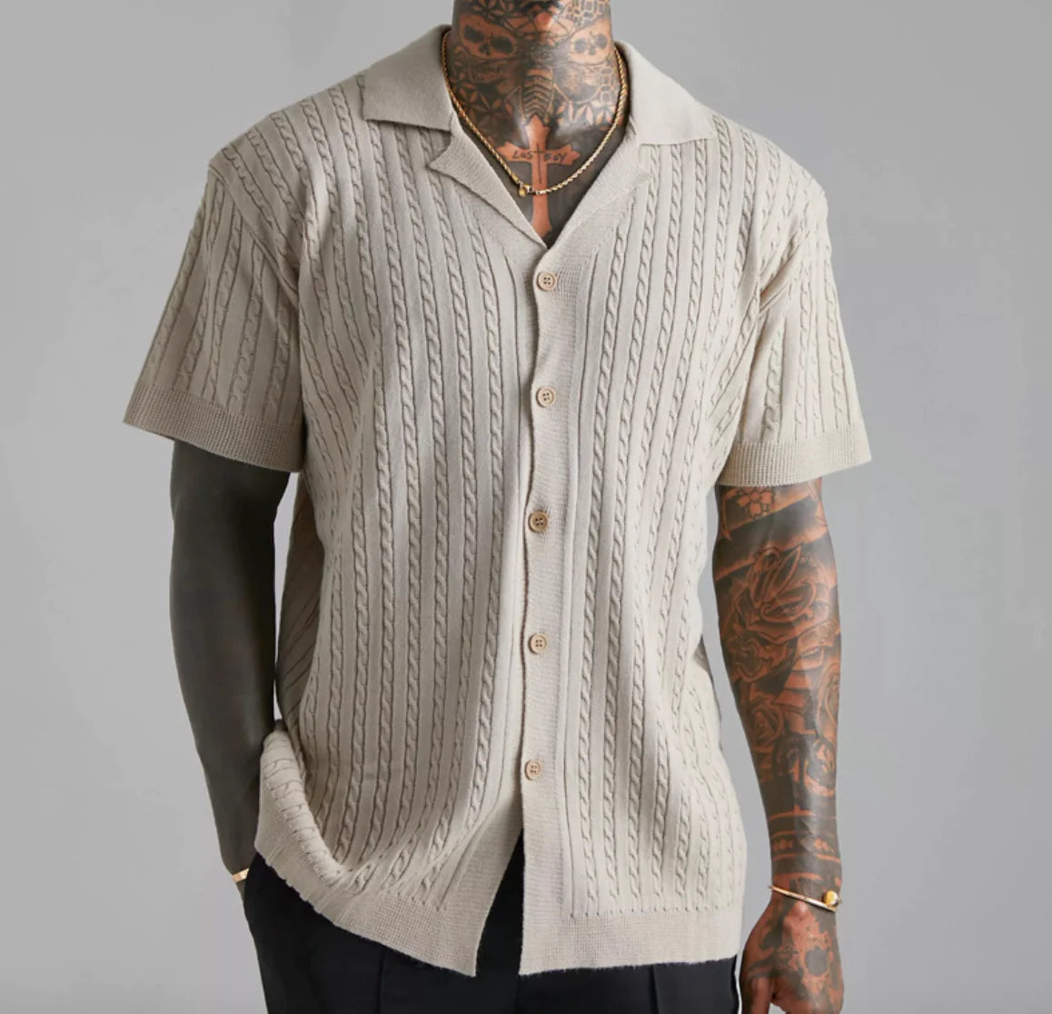 Men's Short-Sleeved Knitted Button-Up Shirt - WanderMart Co.