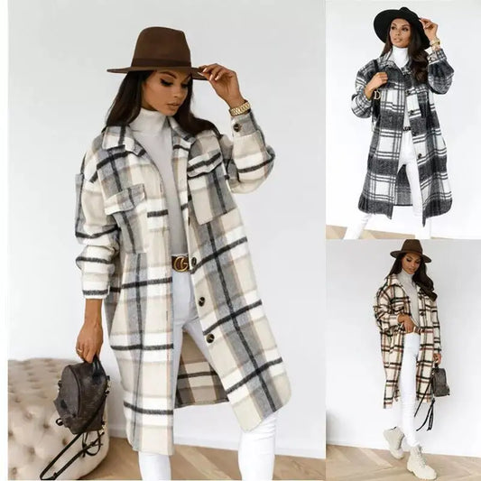 Women's Plaid Printed Long Overcoat Jacket - WanderMart Co.