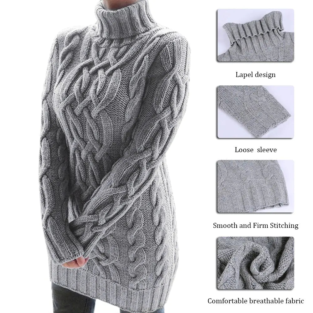 Turtleneck Twist Knitted Sweater Dress - WanderMart Co.