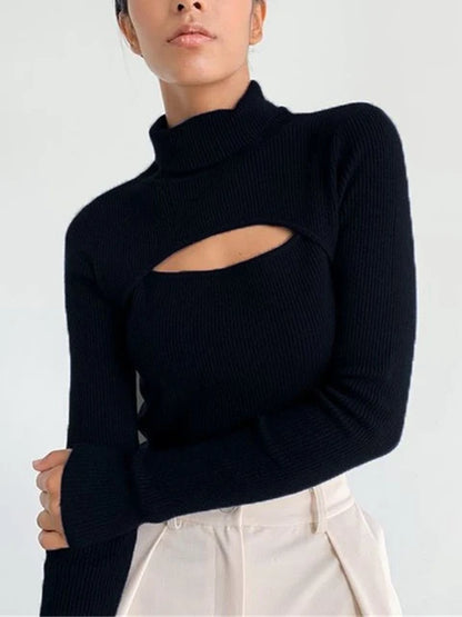 Black T Shirts Knitted Long Sleeve Crop Top - WanderMart Co.