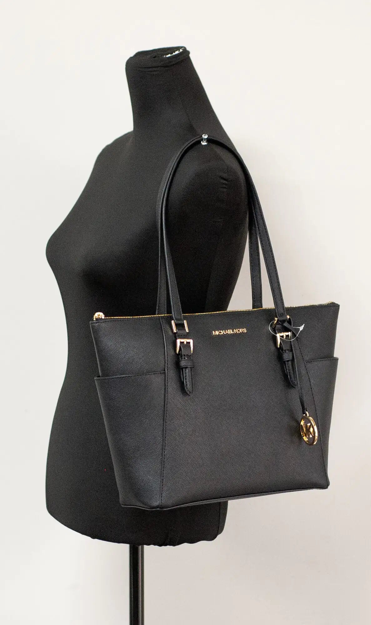 Michael Kors Charlotte Solid Black Leather Large Top Zip Tote Handbag Bag Purse - WanderMart Co.