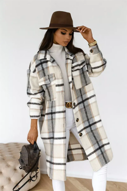 Women's Plaid Printed Long Overcoat Jacket - WanderMart Co.