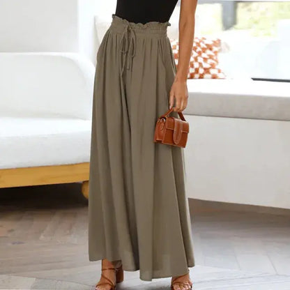 Women's Pants Solid Color Elastic High Waist Wide Leg Trousers - WanderMart Co.