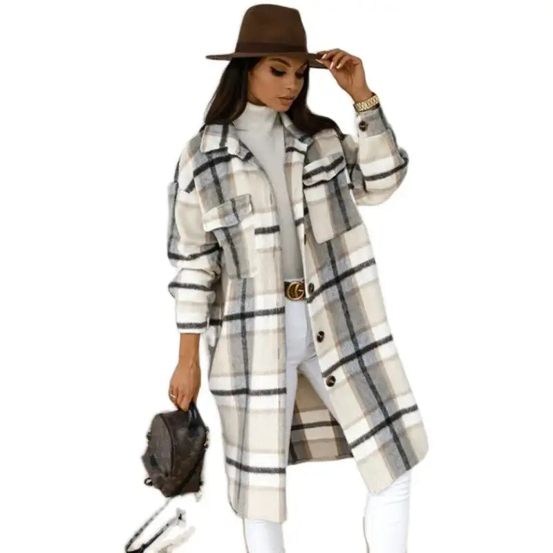 Women's Plaid Printed Long Overcoat Jacket - WanderMart Co.