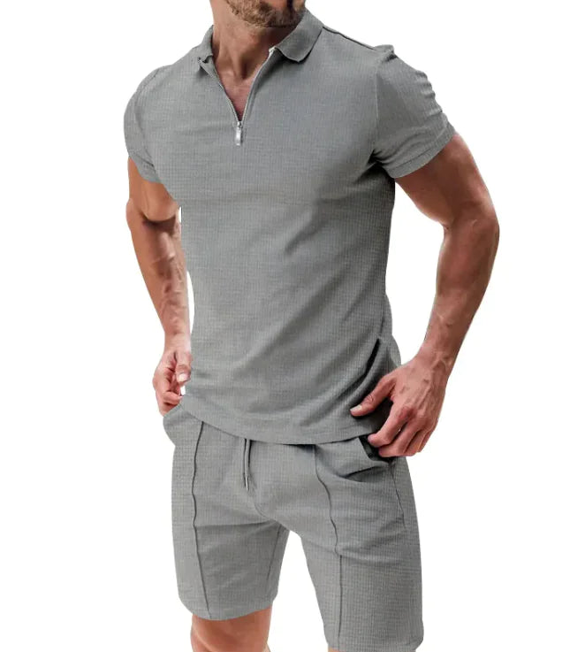 Men's 2-Piece Waffle Zip Polo & Drawstring Shorts Set - WanderMart Co.