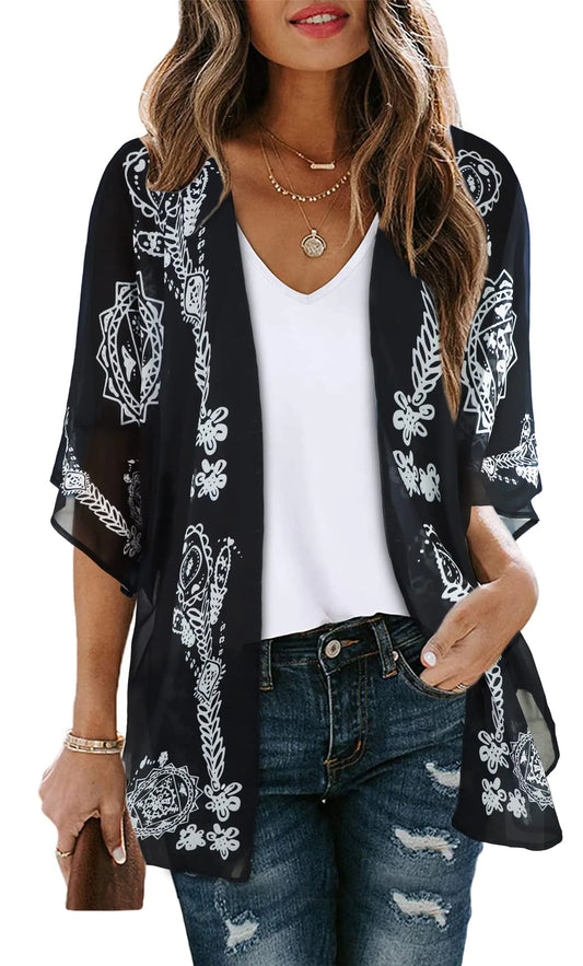 Women's Floral Print Puff Sleeve Kimono Cardigan Loose Cover Up Casual Blouse Tops Large Black - WanderMart Co.