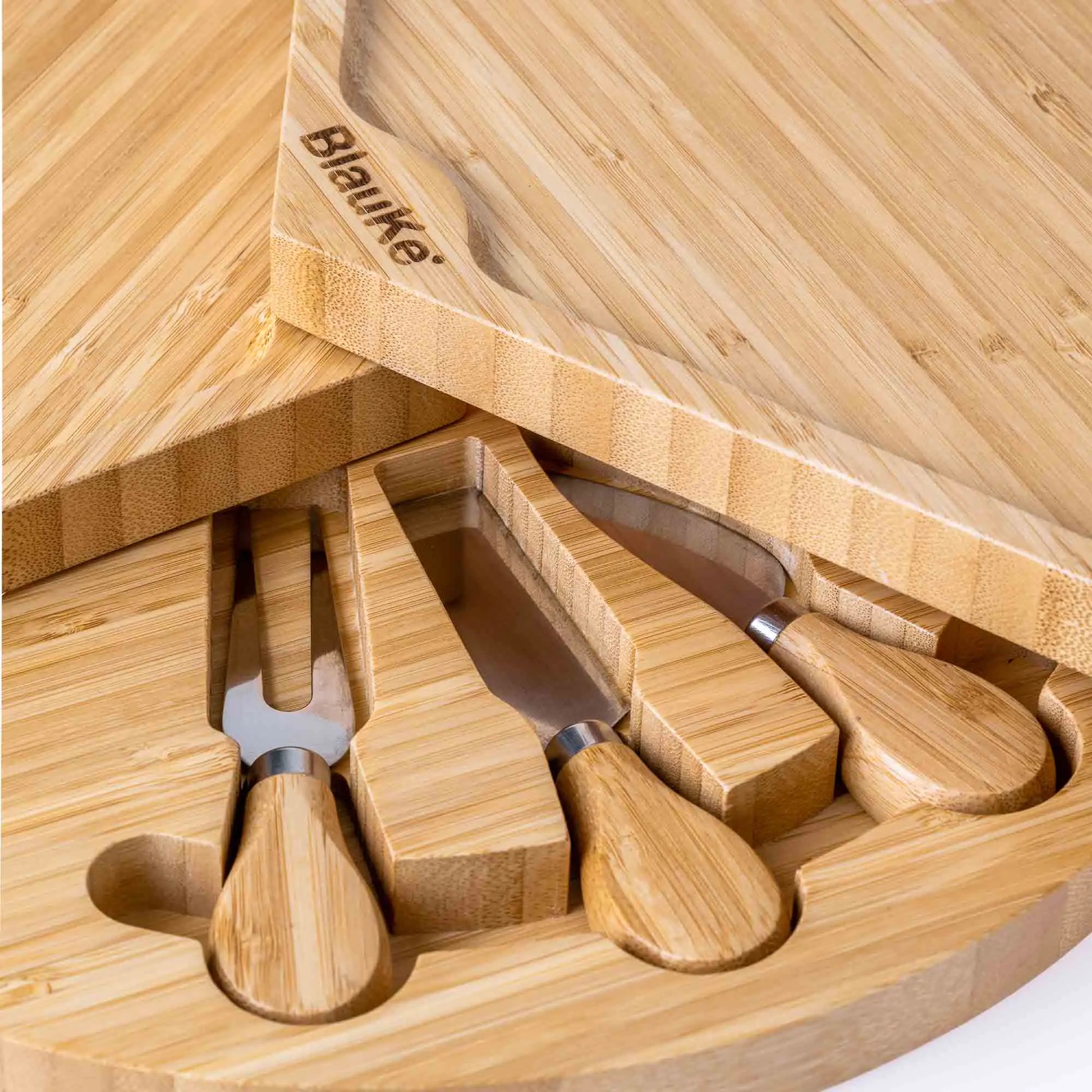 Bamboo Cheese Board and Knife Set - 14 Inch Swiveling Charcuterie Board with Slide-Out Drawer - Cheese Serving Platter, Round Serving Tray - WanderMart Co.