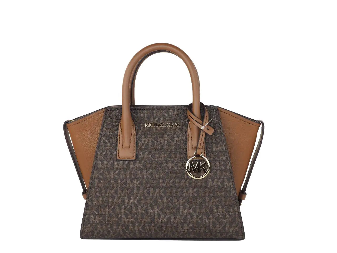 Michael Kors Avril Brown Signature PVC Leather Small Top Zip Satchel Convertible Handbag - WanderMart Co.