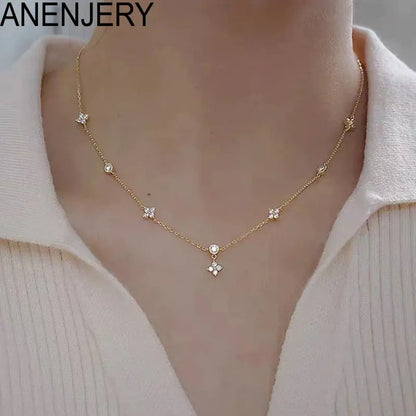 ANENJERY Inlaid Zircon Four-leaf Flower Chain Necklace for Women New Niche Light Luxury Hot Fashion collares choker Accessories - WanderMart Co.