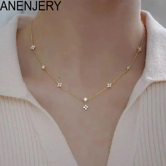 ANENJERY Inlaid Zircon Four-leaf Flower Chain Necklace for Women New Niche Light Luxury Hot Fashion collares choker Accessories - WanderMart Co.