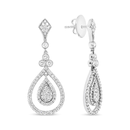 18K White Gold 1 1/4 Cttw Round Diamond Openwork Teardrop-Shaped Dangle Earrings (F-G Color, VS1-VS2 Clarity) - WanderMart Co.