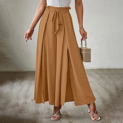 Women's Pants Solid Color Elastic High Waist Wide Leg Trousers - WanderMart Co.