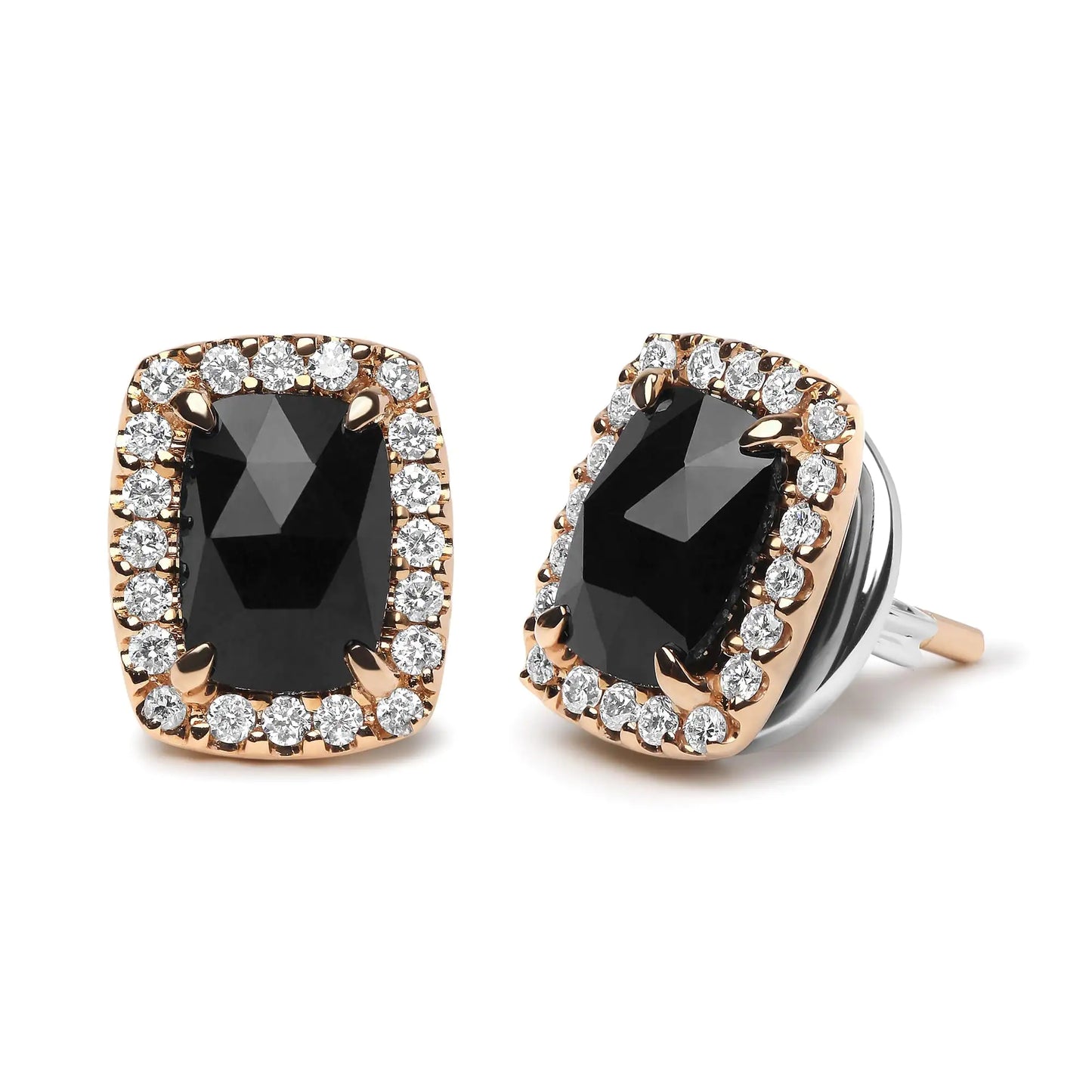 18K Rose and White Gold 1/4 Cttw Round Diamond and 8x6mm Cushion Cut Black Onyx Gemstone Halo Stud Earrings (G-H Color, SI1-SI2 Clarity) - WanderMart Co.