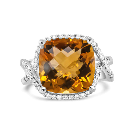 14K White Gold 12mm Cushion Cut Yellow Citrine Gemstone and 1/3 Cttw Round Pave-Set Diamond Ring - (H-I Color, VS1-VS2 Clarity) - WanderMart Co.