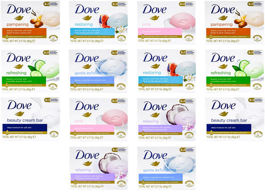 Dove, Beauty Bar Soap Variety Pack of 14, Go Fresh, Shea Butter, Coconut Milk, White, Pampering, Restoring, Exfoliating - 90g (7 Scents, 2 of Each) - WanderMart Co.