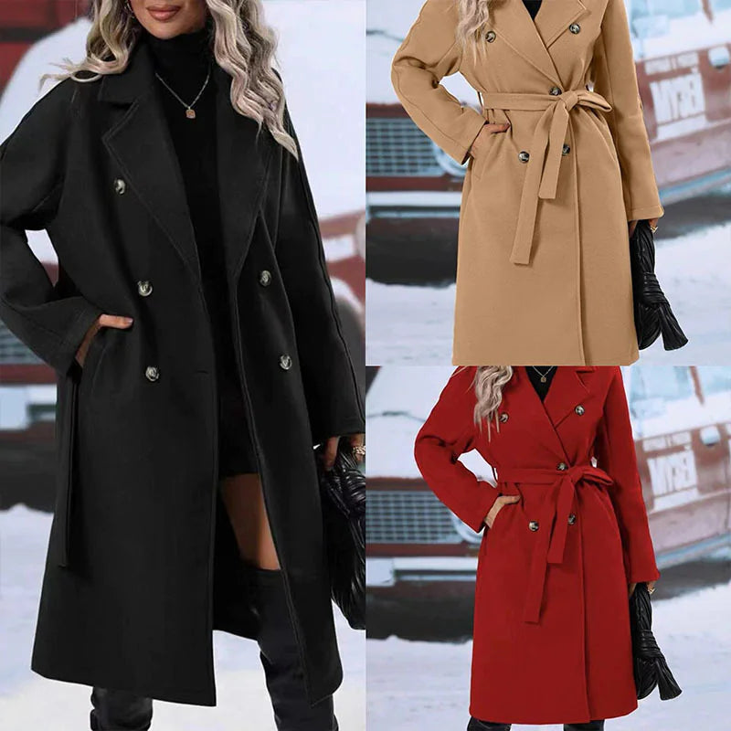 Women's Double-Breasted Trench Coat with Polo Collar and Lace-Up Belt: Thickened Solid Color Design - WanderMart Co.