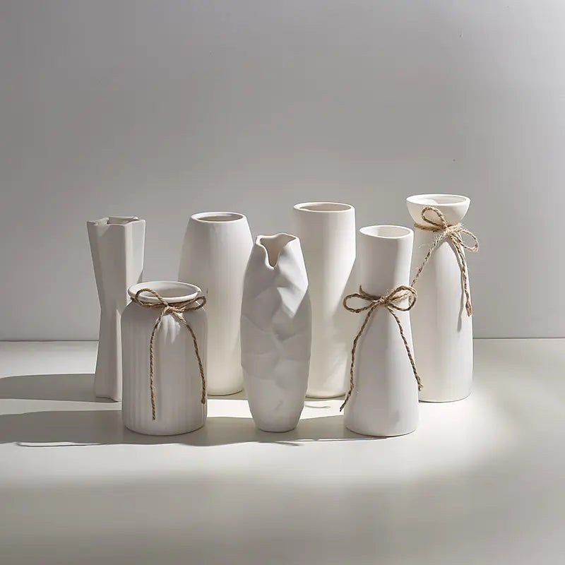 Modern Minimalist White Hemp Rope Ceramic Vase - WanderMart Co.