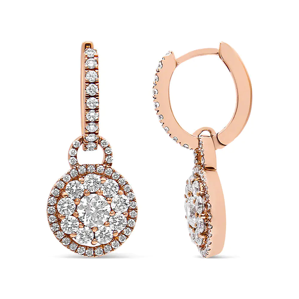 18K Rose Gold 1 1/2 Cttw Round Shaped Diamond Composite Drop and Dangle Leverback Earrings (F-G Color, VS1-VS2 Clarity) - WanderMart Co.