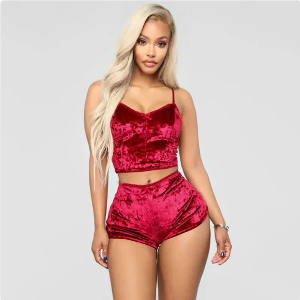 Hollow Sexy Slim Velvet Lace Two-Piece Suit - WanderMart Co.