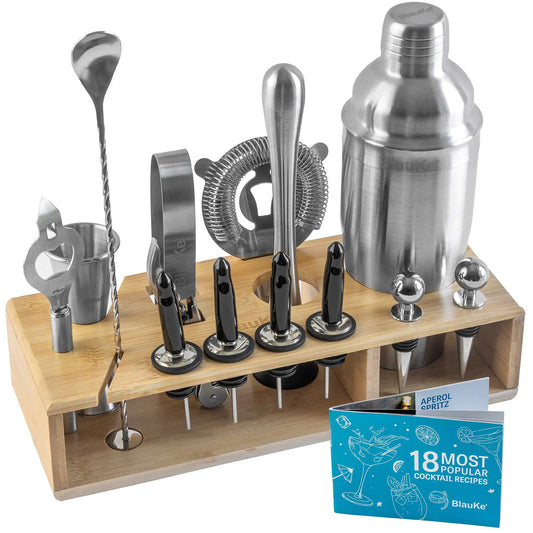 Stainless Steel Cocktail Shaker Set with Stand - 17-Piece Mixology Bartender Kit, Bar Set - 25oz Martini Shaker, Jigger, Strainer, Muddler, Mixing Spoon - WanderMart Co.