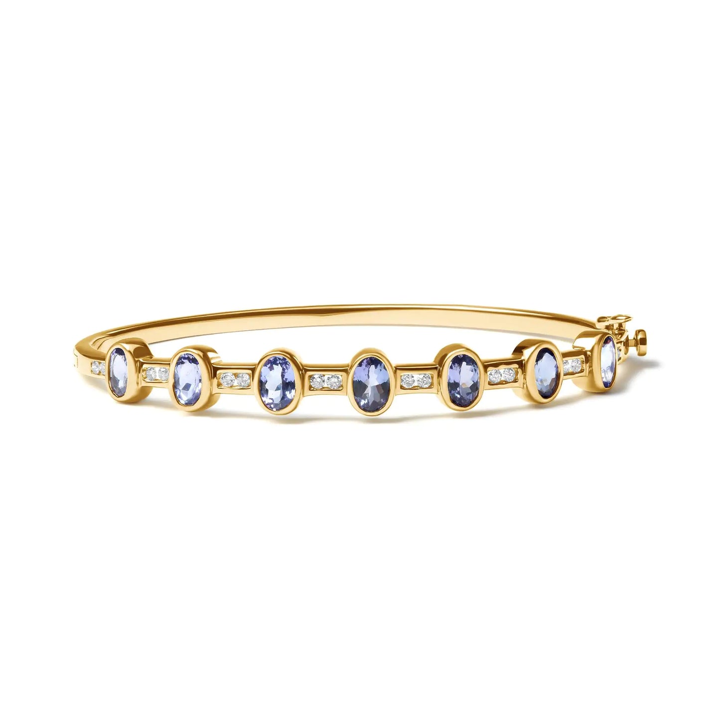 14K Yellow Gold 1/3 Cttw Round-Cut Diamond and 5MM Oval-Cut Blue Tanzanite Gemstone Bangle Bracelet (H-I Color, I1-I2 Clarity) - Size 7" Inches - WanderMart Co.