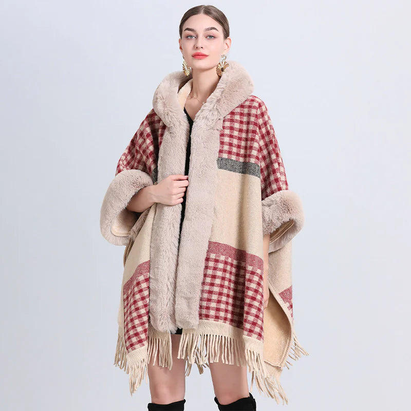 Chic Cashmere-Trimmed Plaid Inverness with Luxe Fur Collar - WanderMart Co.