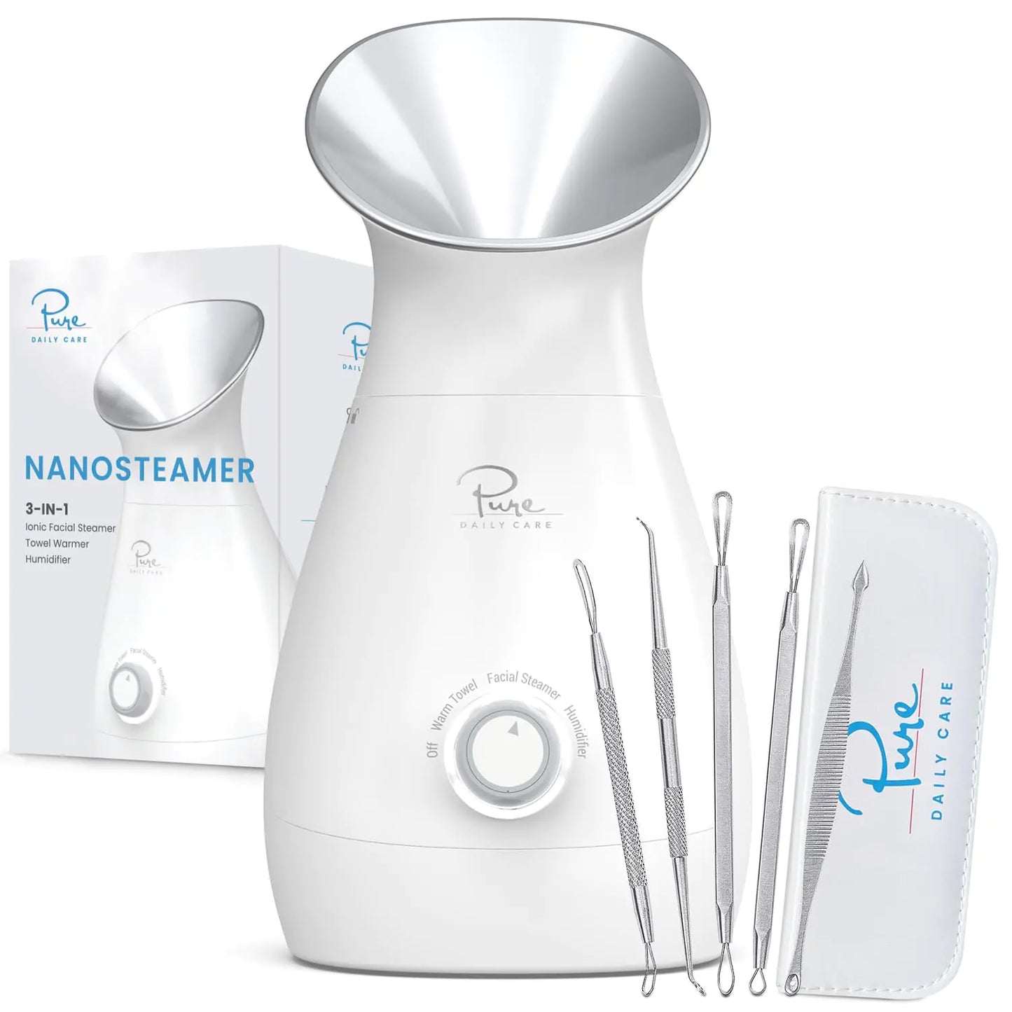 NanoSteamer Large 3-in-1 Nano Ionic Facial Steamer with Precise Temp Control - Humidifier - Unclogs Pores - Blackheads - Spa Quality - Bonus 5 Piece Stainless Steel Skin Kit (Silver) Silver - WanderMart Co.