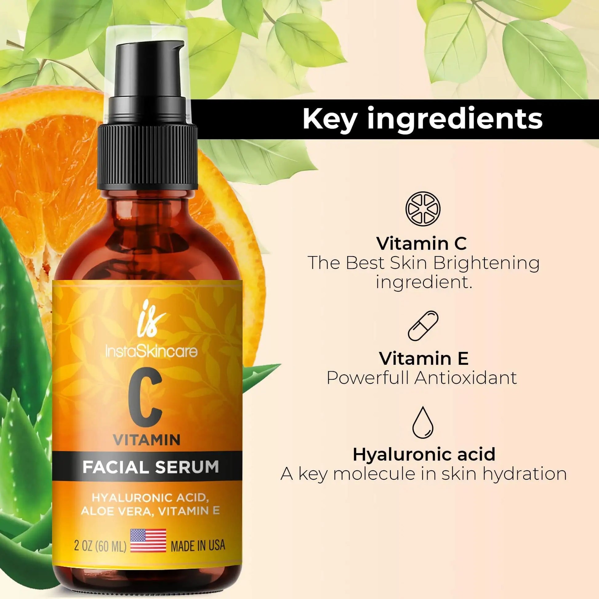 Vitamin C Serum for Face with Hyaluronic Acid Vitamin E Anti Aging Big Size 2 Oz - WanderMart Co.