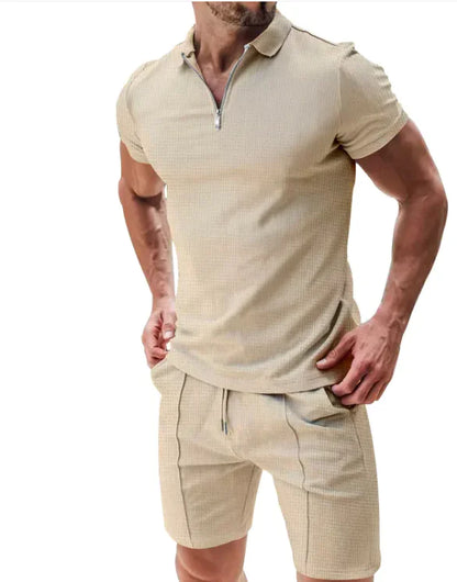 Men's 2-Piece Waffle Zip Polo & Drawstring Shorts Set - WanderMart Co.