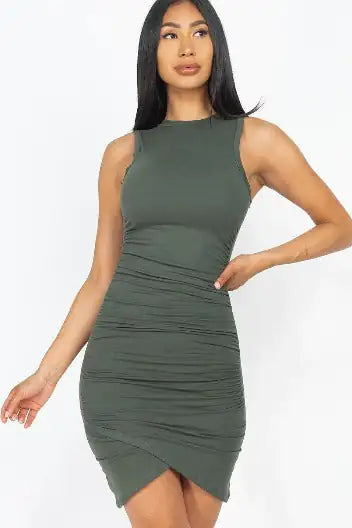 Shirred Bodycon Mini Dress- Stretch knit - Sleeveless - WanderMart Co.