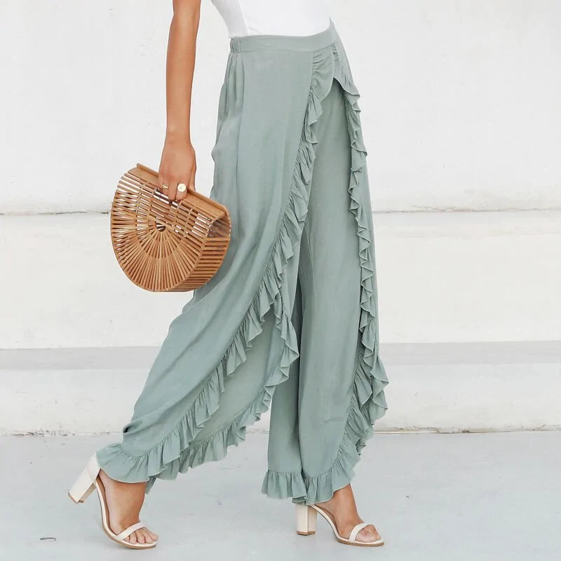 Vintage Green Ruffles High Waisted Wide Leg Pants - WanderMart Co.