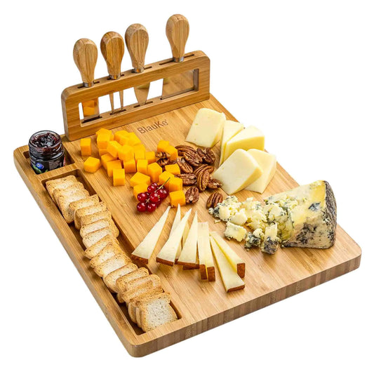 Bamboo Cheese Board and Knife Set - 14x11 inch Charcuterie Board with 4 Cheese Knives - Wood Serving Tray - WanderMart Co.