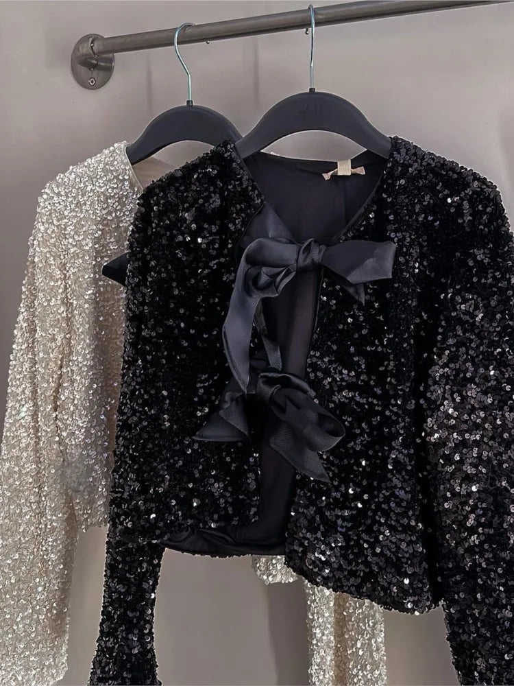 Chic Short Sequin Jacket With Bow - WanderMart Co.