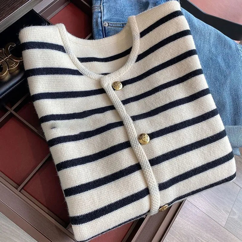 Striped Knitted Sweater Cardigan - WanderMart Co.