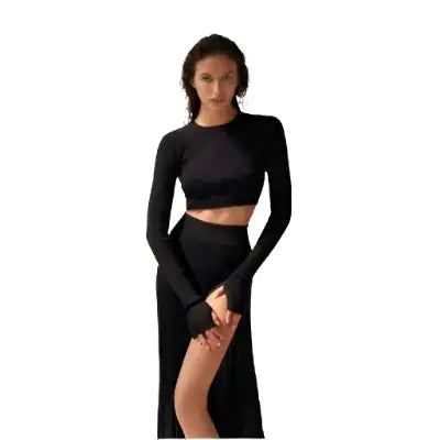 Chic Pullover - Knitted Pleated Skirt Suit High Slit Long Sleeve - WanderMart Co.