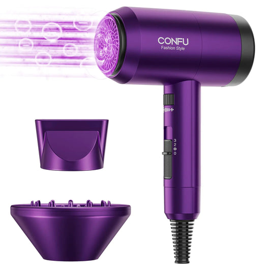 Hair Dryer with Diffuser,CONFU Ionic Blow Dryer 1600W,Portable Lightweight Fast Drying Negative Ion Hairdryer,3 Heat Settings with Diffuser and Concentrator Nozzle for Home & Travel Purple - WanderMart Co.