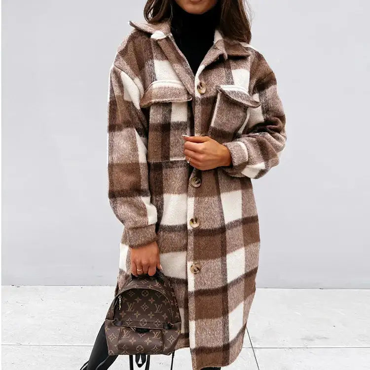 Women's Plaid Printed Long Overcoat Jacket - WanderMart Co.