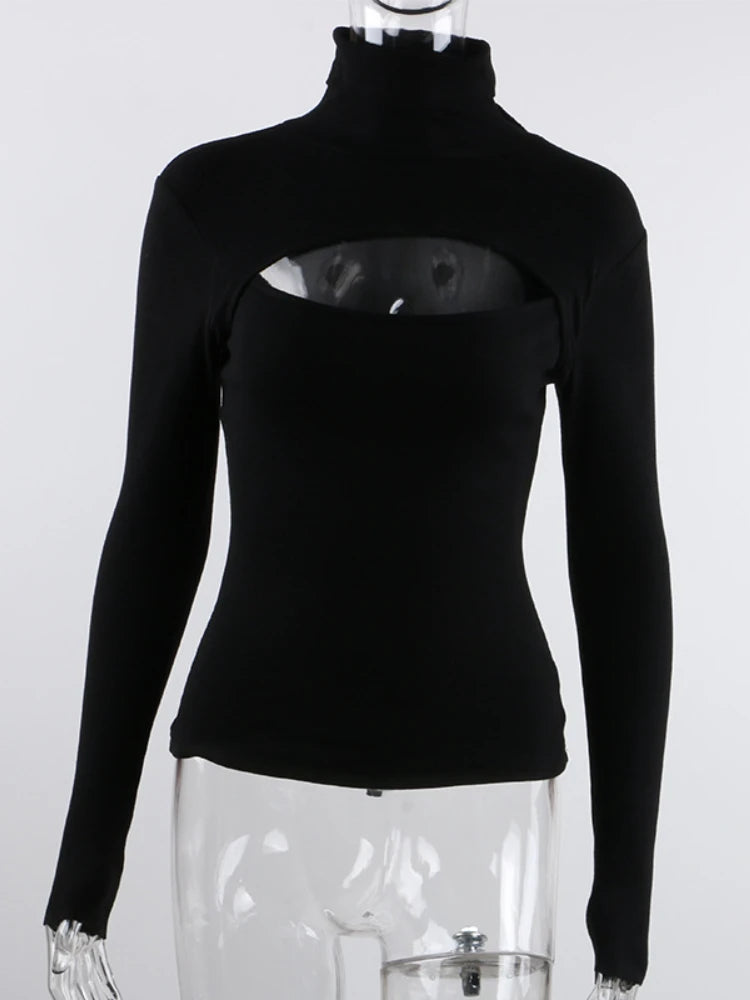 Black T Shirts Knitted Long Sleeve Crop Top - WanderMart Co.