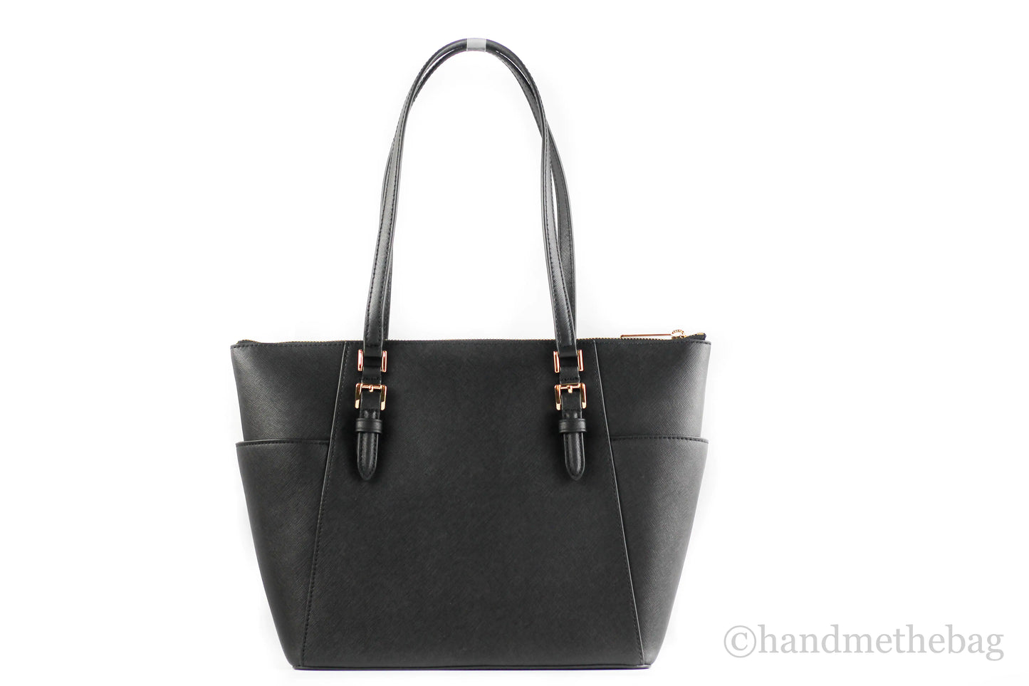 Michael Kors Charlotte Solid Black Leather Large Top Zip Tote Handbag Bag Purse - WanderMart Co.