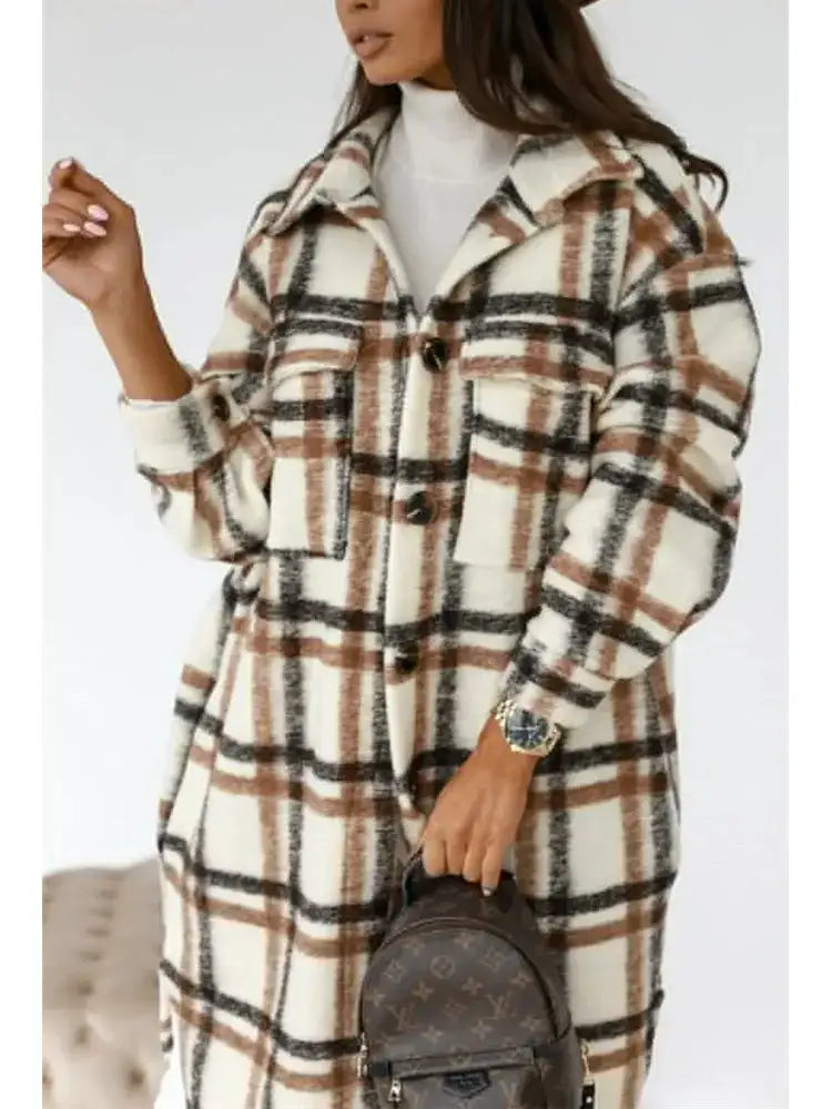 Women's Plaid Printed Long Overcoat Jacket - WanderMart Co.