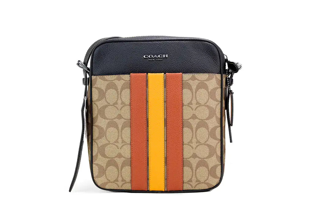 Coach Hudson 21 Khaki Terracotta Signature Varsity Stripe Crossbody - WanderMart Co.