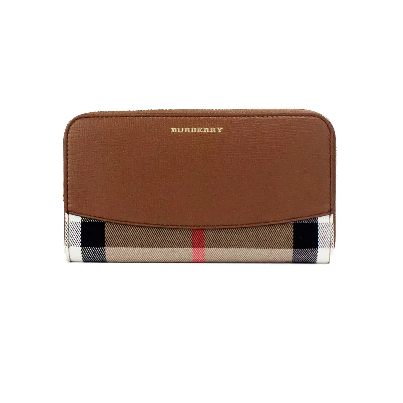 Burberry Elmore Tan Grainy Leather House Check Canvas Wallet - WanderMart Co.