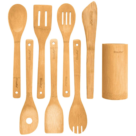 Bamboo Kitchen Utensils Set 8-Pack - Wooden Cooking Utensils for Nonstick Cookware - Wooden Cooking Spoons, Spatulas, Turner, Tongs, Utensil Holder - WanderMart Co.