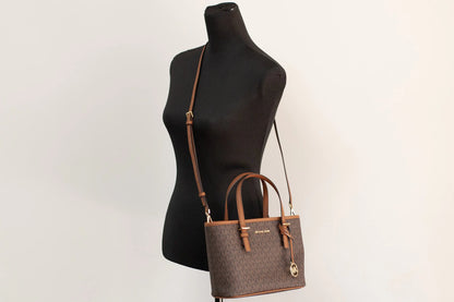 Michael Kors Jet Set Brown Signature XS Carryall Top Zip Crossbody Tote Handbag - WanderMart Co.