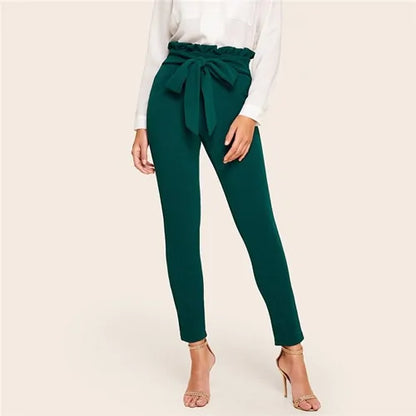 Elegant Frill Trim Bow Belted Detail Solid High Waist Pants - WanderMart Co.